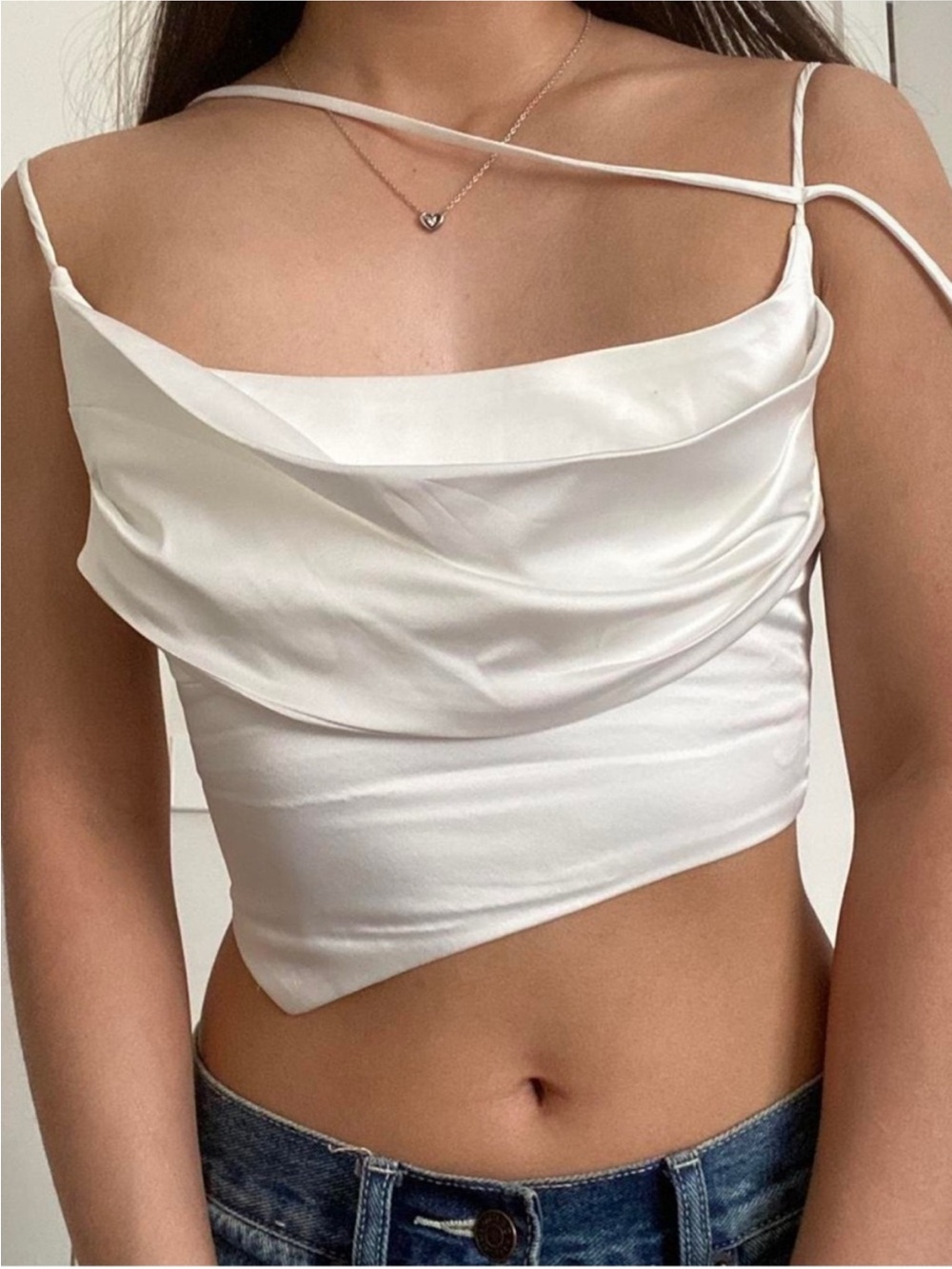 WHITE FOX Satin-Like Drape Asymmetric Cami Crop Top, Back Zipper